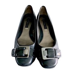 Bandolino black leather wedge flats buckle front new 6